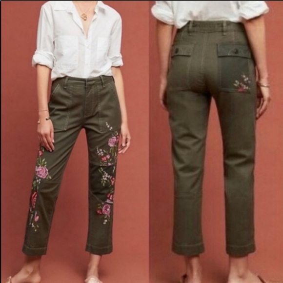 Anthropologie Pants - Anthropologie Floral Embroidered Utility Pants 28